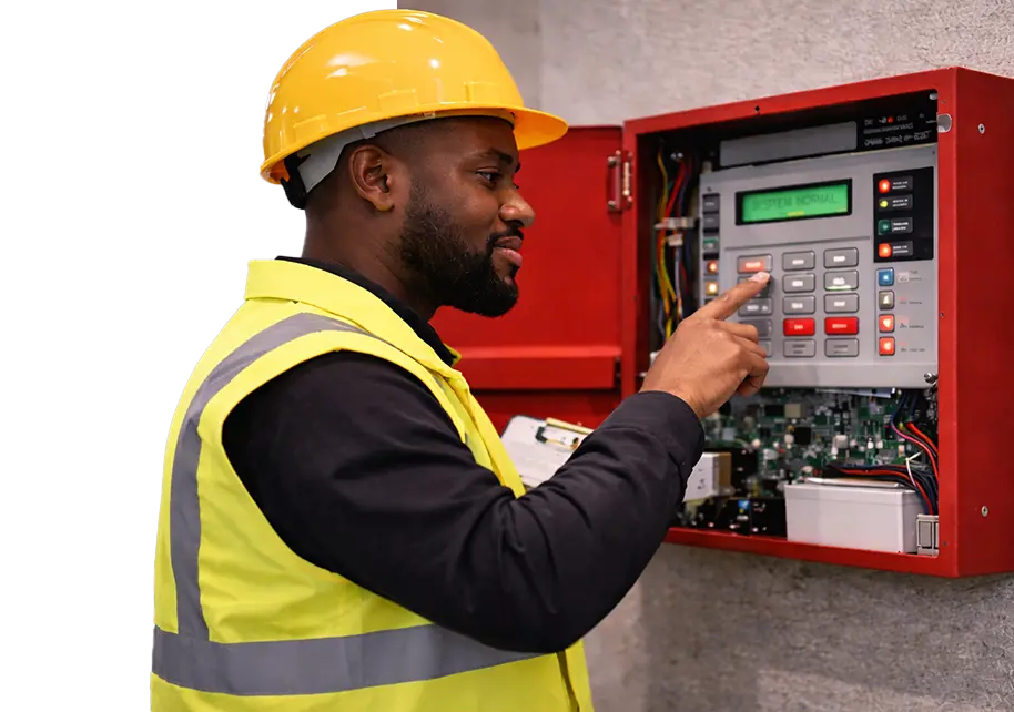 A man working on a fire alarm panel